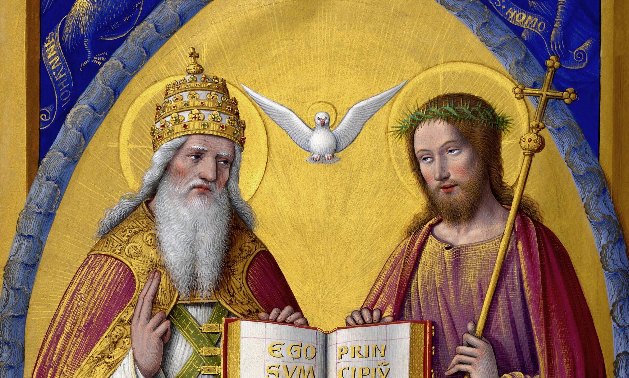 Trójca Przenajświętsza na miniaturze z „Godzinek Anny Bretońskiej” autorstwa francuskiego iluminatora Jeana Bourdichona (1457 lub 1459 – 1521), 1503 – 1508, iluminacja na pergaminie, Biblioteka Narodowa Francji