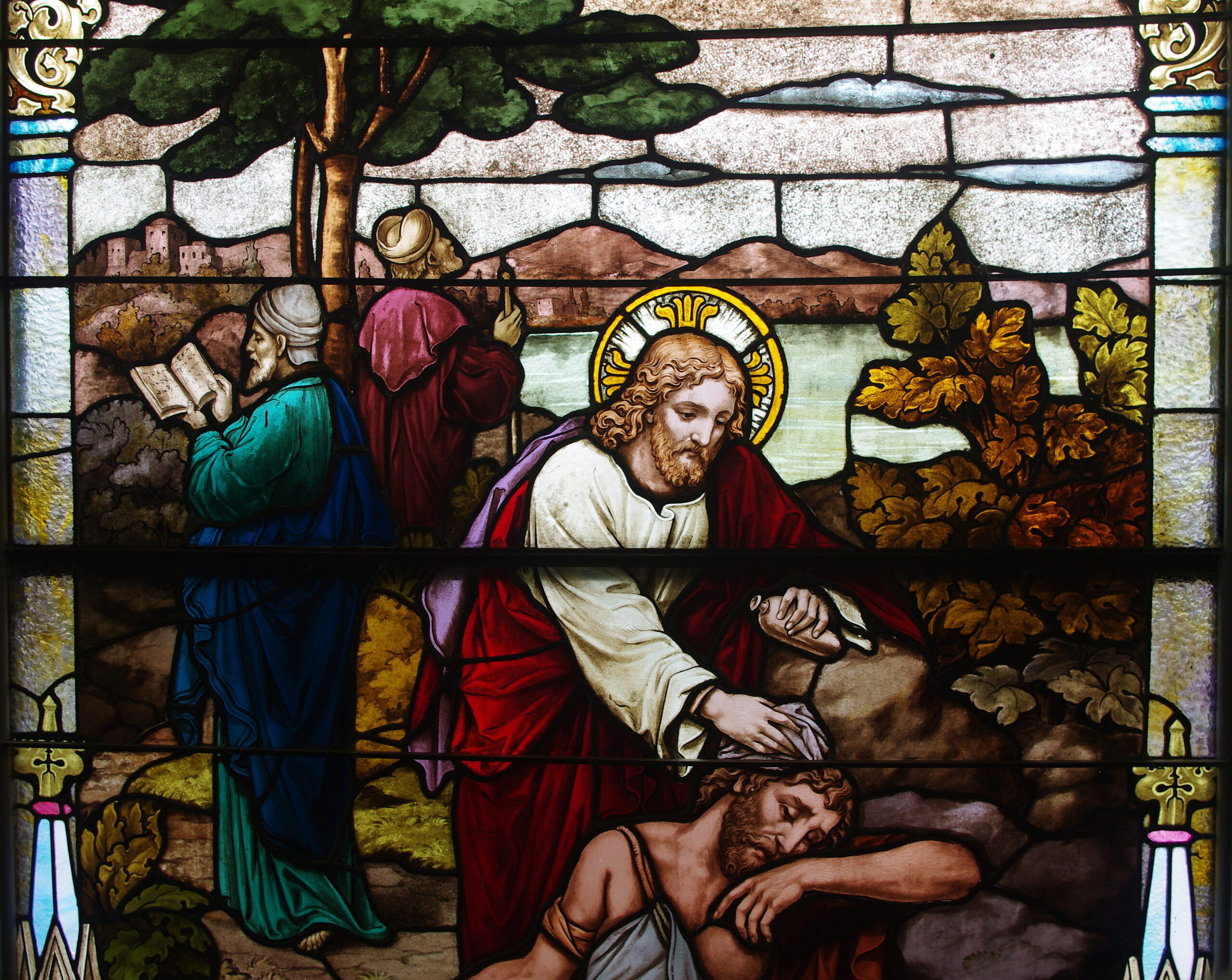 Saint Henry Catholic Church (St. Henry, Ohio) - stained glass detail, nave, Christ as the Good Samaritan